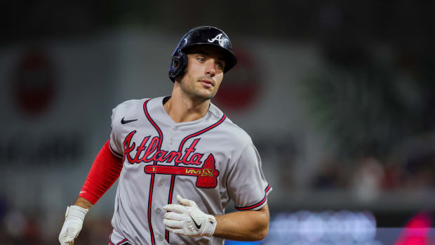 Sep 16, 2023; Miami, Florida, USA; Atlanta Braves first baseman Matt Olson (28) circles the bases after hitting a home run against the Miami Marlins during the sixth inning at loanDepot Park.